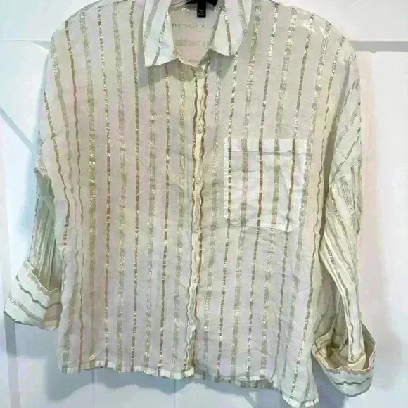 TOPSHOP Lightweight Cotton Linen Button Down With Gold Threading Stripes Size 4 - Picture 7 of 9